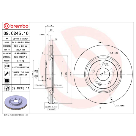 Диск тормозной Brembo - 09.C245.11 - изображение №1 09.C245.11