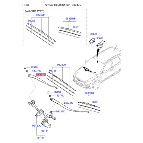 Рычаг стеклоочистителя 98311-2L000 Mobis - 983112L000 - схема с каталога 98131D, HEURPJDH09 983112L000