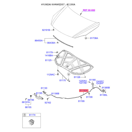 Тросик замка капота 81190-2L000 Mobis - 811902L000 - схема с каталога 81190A, KHMAPJD07 811902L000