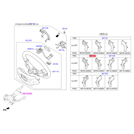 Кнопка управления автомагнитолой на руле левая 96700-A6550RDR Mobis - 96700A6550RDR - схема с каталога 96710L, HEURPA616 96700A6550RDR