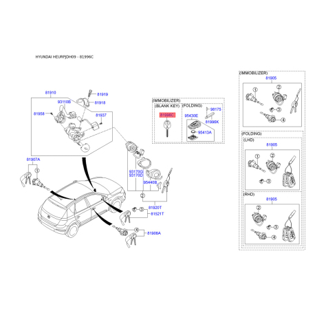 Ключ (вставка) дверей у брелок 81996-2L010 Mobis - 819962L010 - схема з каталогу 81996C, HEURPJDH09 819962L010