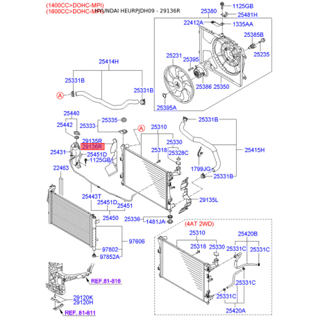 Облицовка / защитная накладка, облицовка радиатора правая 29136-2L000 Mobis - 291362L000 - схема с каталога 29136R, HEURPJDH09 291362L000