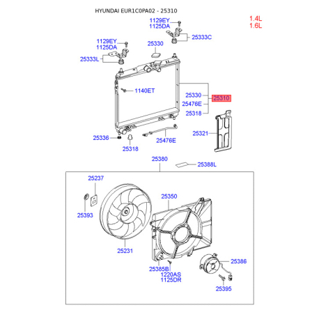Радиатор охлаждения двигателя 25310-1C150 Mobis - 253101C150 - схема с каталога 25310, EUR1C0PA02 253101C150