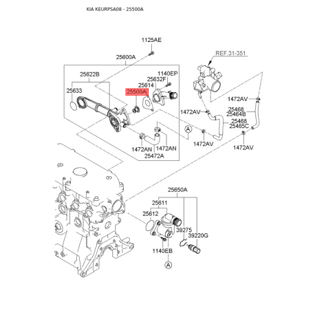 Термостат охлаждающей жидкости 25500-02500 Mobis - 2550002500 - схема с каталога 25500A, KEURPSA08 2550002500