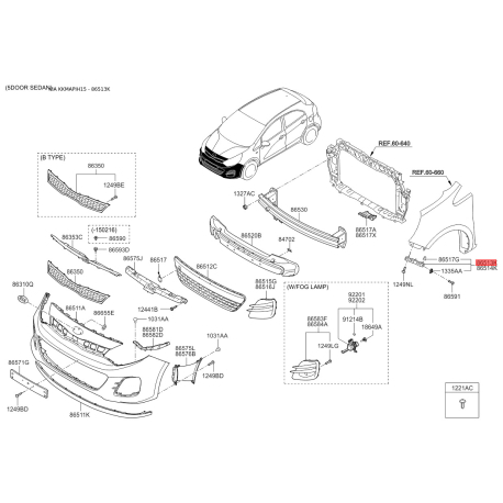 Кронштейн, буфер левый 86513-1W200 Mobis - 865131W200 - схема с каталога 86513K, KKMAPIH15 865131W200