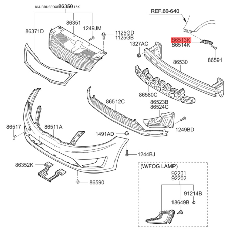 Кронштейн, буфер лівий 86513-4Y000 Mobis - 865134Y000 - схема з каталогу 86513K, RRUSPDXR12 865134Y000