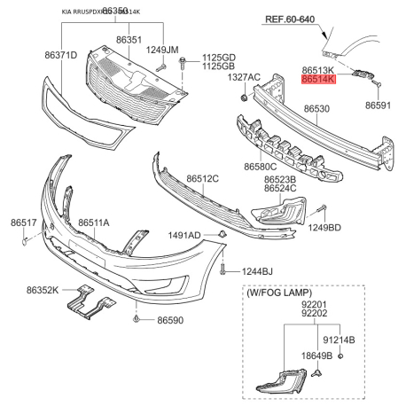 Кронштейн, буфер правий 86514-4Y000 Mobis - 865144Y000 - схема з каталогу 86514K, RRUSPDXR12 865144Y000