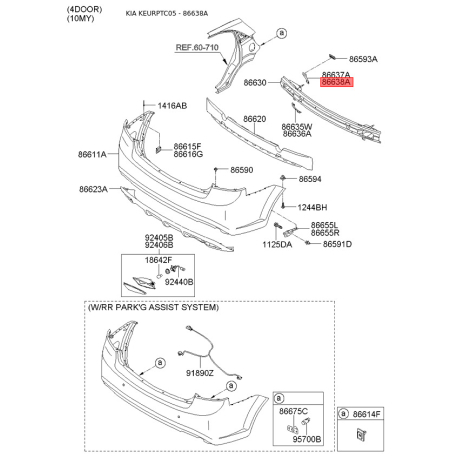 Кронштейн, буфер правий верхній 86638-1G001 Mobis - 866381G001 - схема з каталогу 86638A, KEURPTC05 866381G001