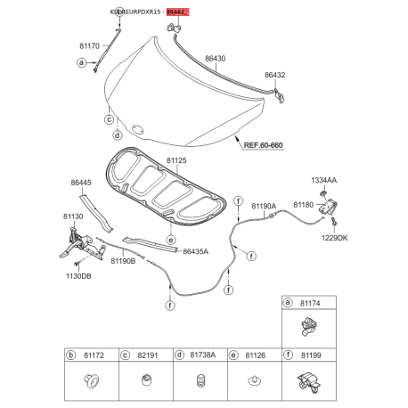 Пистон (клипса) шумоізоляція (теплоізоляція) капота правий 86442-4Y000 Mobis - 864424Y000 - схема з каталогу 86442, REURPDXR15 864424Y000
