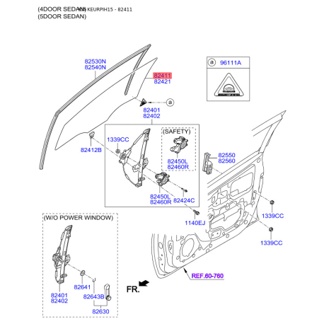 Бокове вікно дверей ліве 82411-1W000 Mobis - 824111W000 - схема з каталогу 82411, KEURPIH15 824111W000