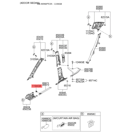 Пістон (кліпса) KGJ21-68885BXI Mobis - KGJ2168885BXI - схема з каталогу 1194GB, KKMAPTC05 KGJ2168885BXI
