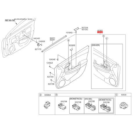 Оббивка (накладка) салону ліва 82301-4Y010WK Mobis - 823014Y010WK - схема з каталогу 82301, RRUSPDXR12 823014Y010WK