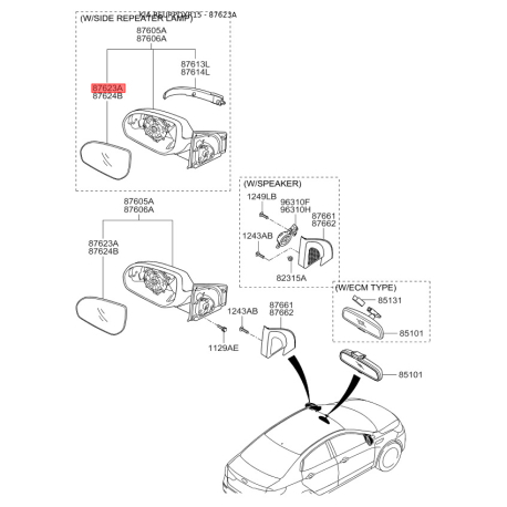 Дзеркальний елемент зовнішнього дзеркала задній лівий 87611-4Y110 Mobis - 876114Y110 - схема з каталогу 87623A, REURPDXR15 876114Y110
