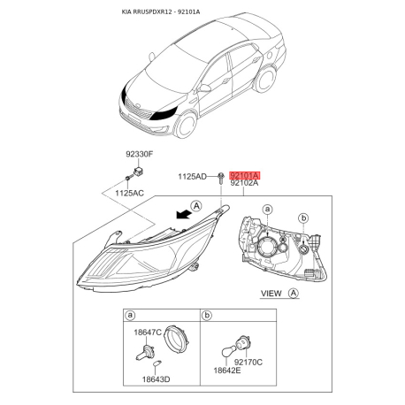 Фара основна ліва 92101-4X000 Mobis - 921014X000 - схема з каталогу 92101A, RRUSPDXR12 921014X000