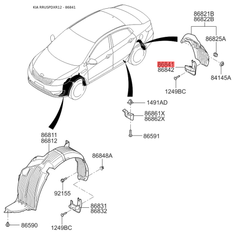 Бризговик задній лівий 86841-4Y000 Mobis - 868414Y000 - схема з каталогу 86841, RRUSPDXR12 868414Y000