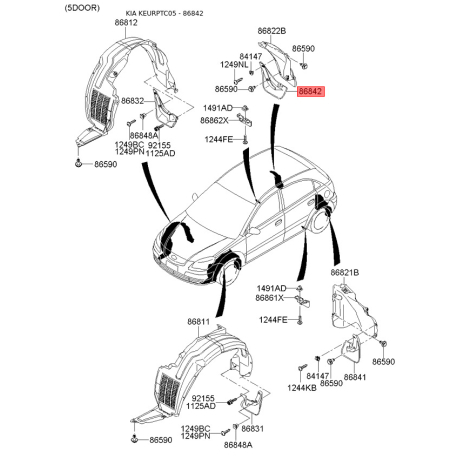 Бризговик задній правий 86842-1G000 Mobis - 868421G000 - схема з каталогу 86842, KEURPTC05 868421G000