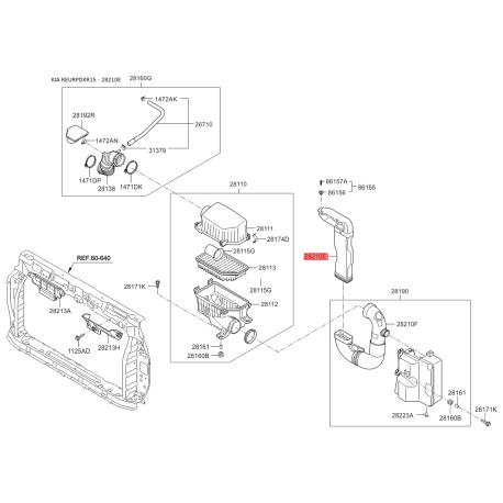 Рукав повітрозабірника, повітряний фільтр 28210-4Y000 Mobis - 282104Y000 - схема з каталогу 28210E, REURPDXR15 282104Y000