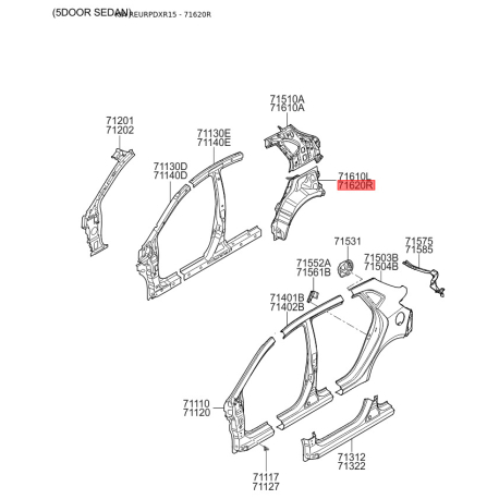 Усилитель задний боковины правый нижний 71604-4Y200 Mobis - 716044Y200 - схема с каталога 71620R, REURPDXR15 716044Y200