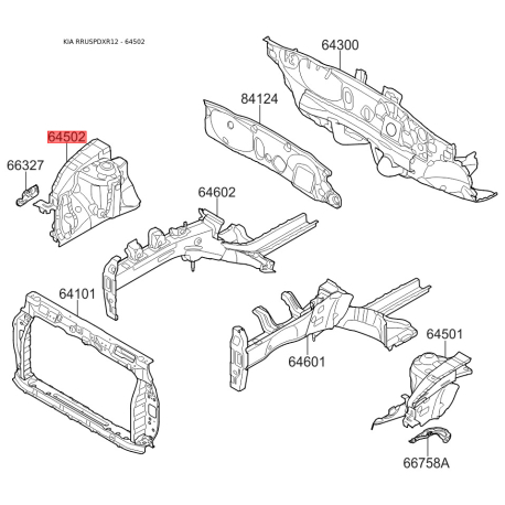 Брызговик передний без лонжерона правый 64520-4Y001 Mobis - 645204Y001 - схема с каталога 64502, RRUSPDXR12 645204Y001