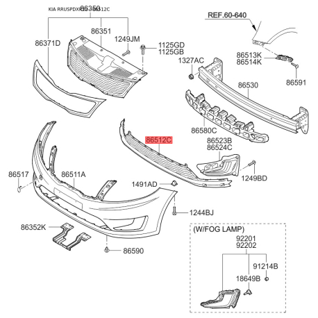 Решітка радіатора 86561-4Y000 Mobis - 865614Y000 - схема з каталогу 86512C, RRUSPDXR12 865614Y000