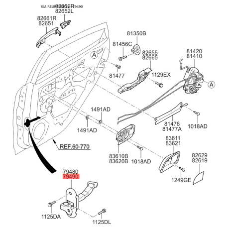 Фіксатор дверей правий 79490-4Y000 Mobis - 794904Y000 - схема з каталогу 79490, REURPDXR15 794904Y000