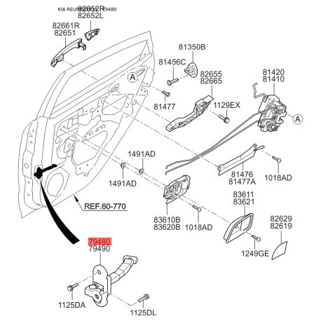 Фіксатор дверей лівий 79480-4Y000 Mobis - 794804Y000 - схема з каталогу 79480, REURPDXR15 794804Y000