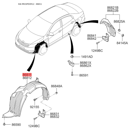 Обшивка (підкрилок), колісна ніша ліва 86811-4Y000 Mobis - 868114Y000 - схема з каталогу 86811, RRUSPDXR12 868114Y000