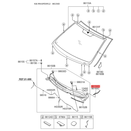 Молдинг (уплотнитель) лобового стекла левый 86153-4Y000 Mobis - 861534Y000 - схема с каталога 86150D, RRUSPDXR12 861534Y000