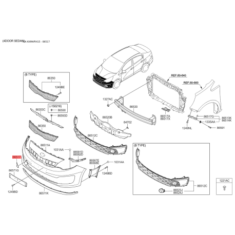 Облицювання / захисна накладка, буфер 86517-1W500 Mobis - 865171W500 - схема з каталогу 86517, KKMAPIH15 865171W500
