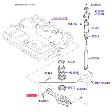 Важіль підвіски колеса нижній 55210-1D100 Mobis - 552101D100 - схема з каталогу 55200A, KKMAPUN06 552101D100