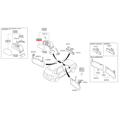 Зеркало наружное заднее 87611-1D400 Mobis - 876111D400 - схема с каталога 87621C, KEURPUN06 876111D400