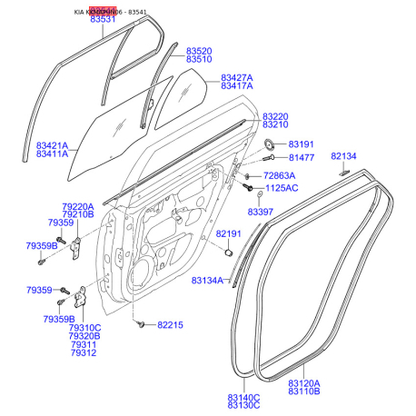 Ущільнення дверей праве 83541-1D000 Mobis - 835411D000 - схема з каталогу 83541, KKMAPUN06 835411D000