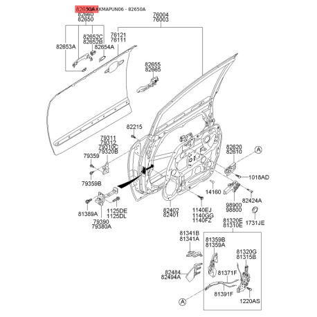Ручка дверей ліва 82650-1D010 Mobis - 826501D010 - схема з каталогу 82650A, KKMAPUN06 826501D010