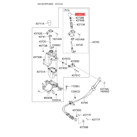 Ручка рычага переключения передач МКПП 43711-1D100 Mobis - 437111D100 - схема с каталога 43711A, KEURPUN06 437111D100