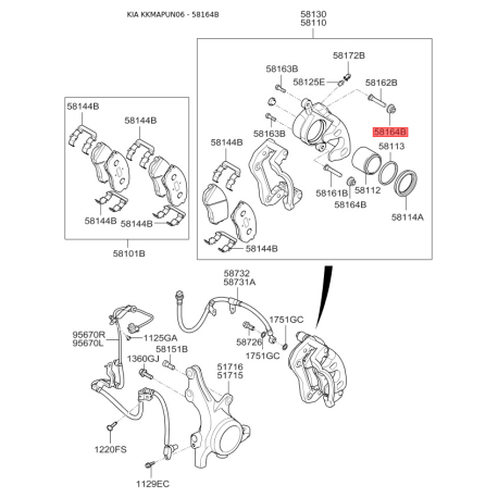 Чохол (пильник) направляючої супорта 58164-1D100 Mobis - 581641D100 - схема з каталогу 58164B, KKMAPUN06 581641D100