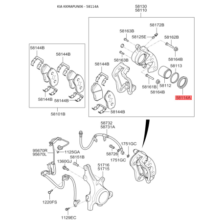 Чохол поршня супорта 58114-1D000 Mobis - 581141D000 - схема з каталогу 58114A, KKMAPUN06 581141D000
