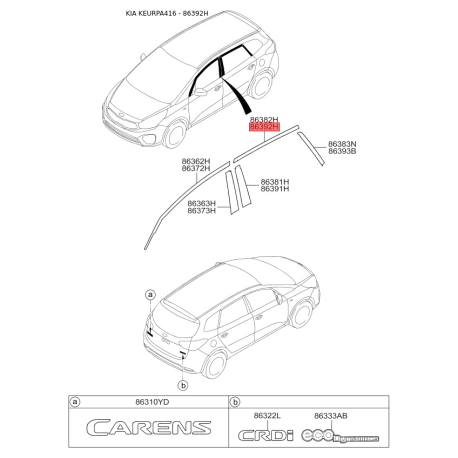 Облицювання / захисна накладка, боковина праве верхнє 86392-A4000 Mobis - 86392A4000 - схема з каталогу 86392H, KEURPA416 86392A4000