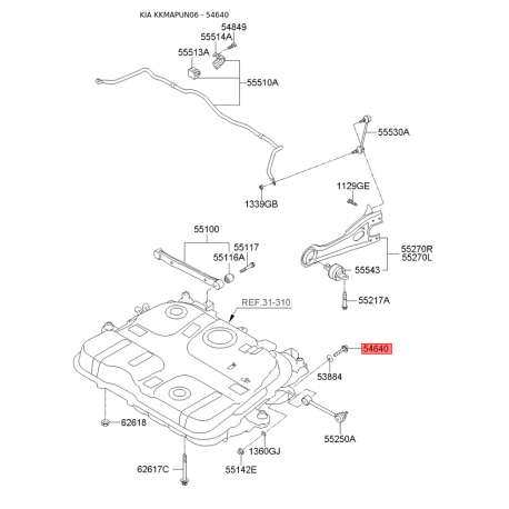 Болт розвальний (ексцентрик) заднього нижнього важеля 54640-1D001 Mobis - 546401D001 - схема з каталогу 54640, KKMAPUN06 546401D001