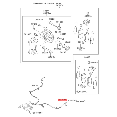 Трос стояночной тормозной системы левый 59760-1M300 Mobis - 597601M300 - схема с каталога 59760A, KKMAPTD08 597601M300