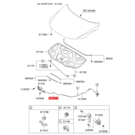 Тросик замка капота 81190-1M100 Mobis - 811901M100 - схема с каталога 81190B, KKMAPTD08 811901M100
