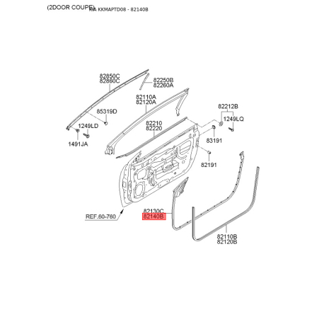 Уплотнитель (уплотнение) двери правый 82140-1M200 Mobis - 821401M200 - схема с каталога 82140B, KKMAPTD08 821401M200