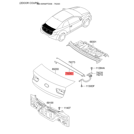 Торсіон (пружина) кришки багажника (задніх дверей) правий 79283-1M010 Mobis - 792831M010 - схема з каталогу 79283, KKMAPTD08 792831M010