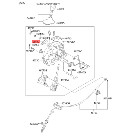 Датчик (перемикач, кінцевик) куліси режиму паркінгу АКПП 95840-1M100 Mobis - 958401M100 - схема з каталогу 95840, KKMAPTD08 958401M100