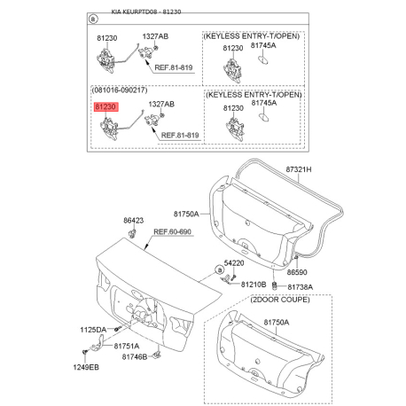 Замок кришки багажника 81230-1M060 Mobis - 812301M060 - схема з каталогу 81230, KEURPTD08 812301M060