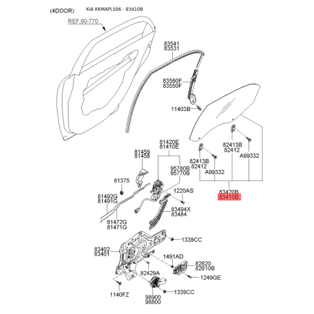 Боковое стекло (окно) двери левое 83410-2F011 Mobis - 834102F011 - схема с каталога 83410B, KKMAPLS06 834102F011