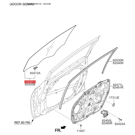 Бокове вікно дверей ліве 82410-A7010 Mobis - 82410A7010 - схема з каталогу 82410B, KEURPA716 82410A7010