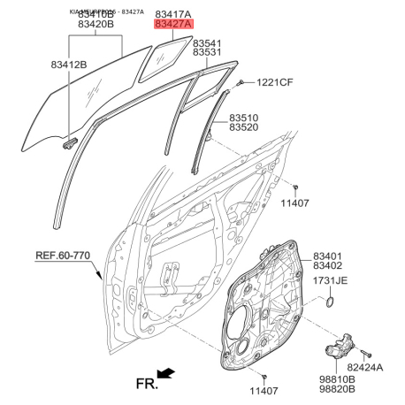 Боковое стекло (окно) двери правое 83427-A7010 Mobis - 83427A7010 - схема с каталога 83427A, MEURPB016 83427A7010