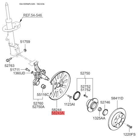 Захист внутрішній задньої маточини задній лівий 58243-2F100 Mobis - 582432F100 - схема з каталогу 58243A, KKMAPLS06 582432F100