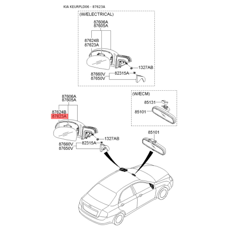 Дзеркальний елемент зовнішнього дзеркала задній лівий 87611-2F300 Mobis - 876112F300 - схема з каталогу 87623A, KEURPLD06 876112F300
