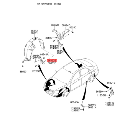 Брызговик передний правый 86832-2F000 Mobis - 868322F000 - схема с каталога 86832E, KEURPLD06 868322F000